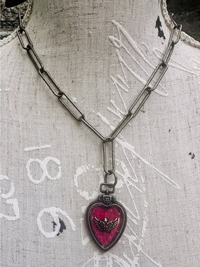 Antique Silver Heart Pendant with Gold Wings